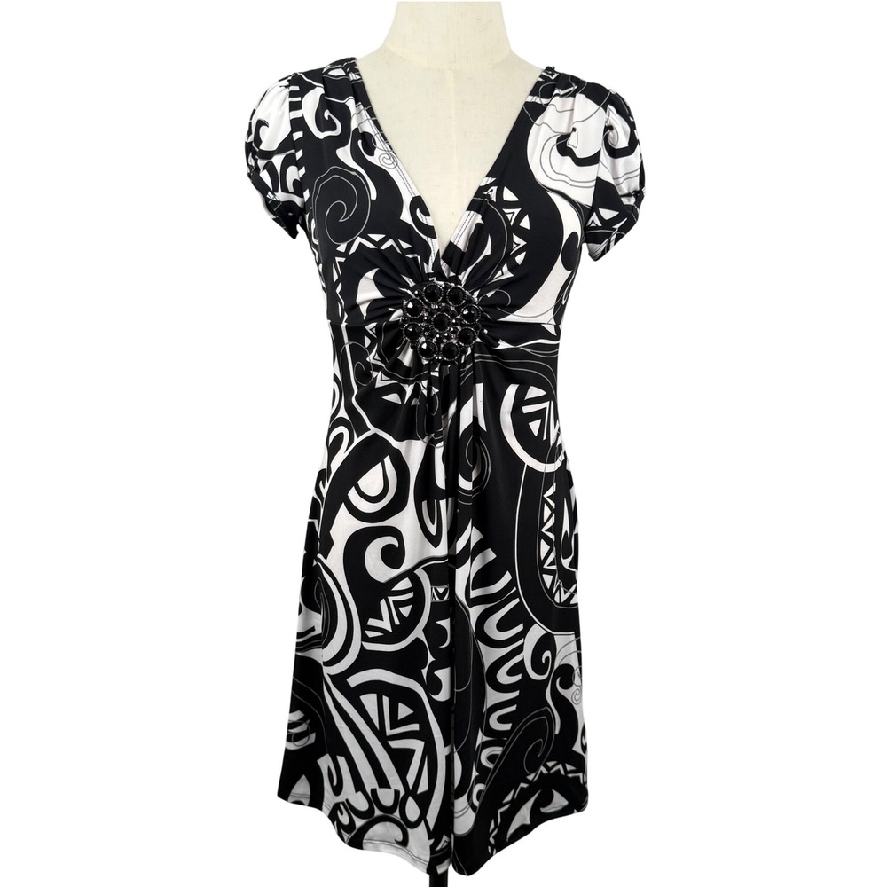 EUC Vintage Bodycon Mini Dress M Rhinestone Brooch Y2K Tribal Whimsigoth Party